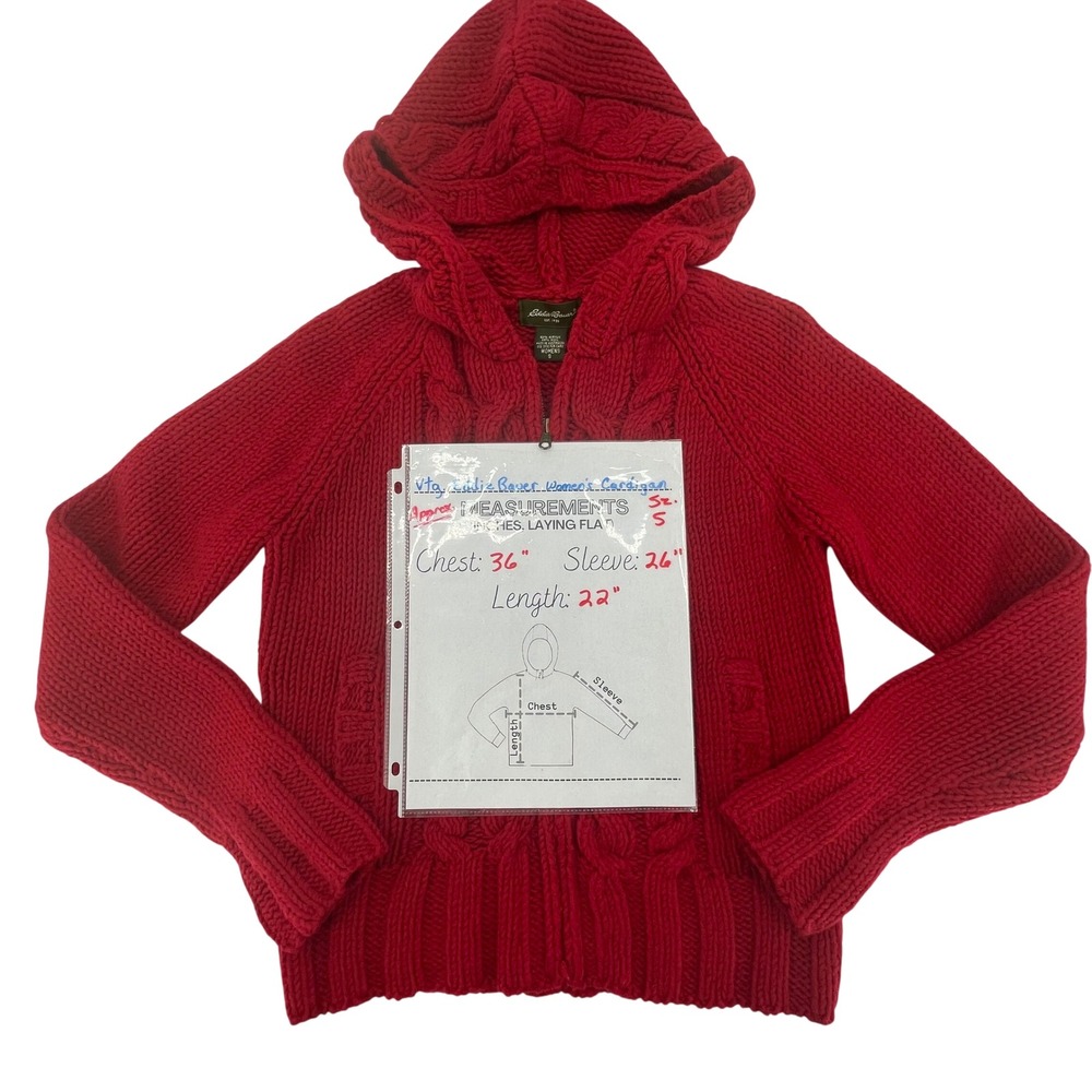 Vtg Eddie Bauer Women's Red Cable Knit Wool Blend Hooded Full Zip Sweater Size S - Picture 5 of 6